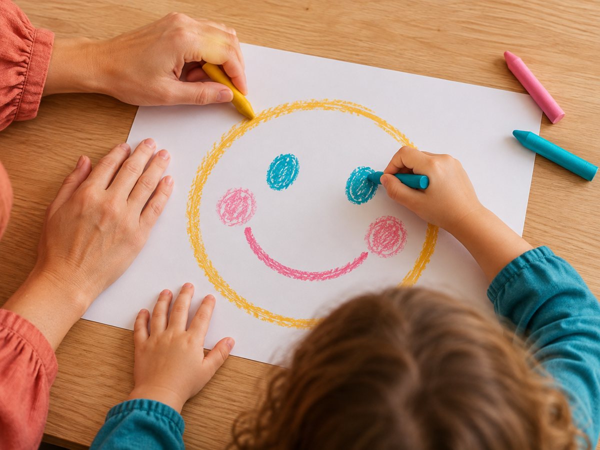 Mãos de um adulto e de uma criança desenhando juntos